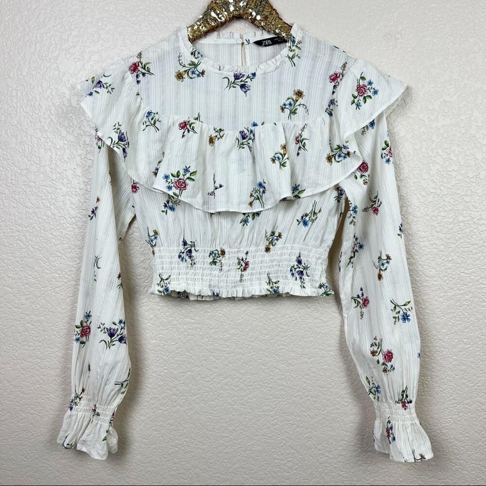 Zara • Cropped Top Floral Printed Ruffled Blouse